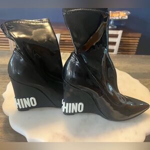 Moschino Black Wedge patent Boots -brand new - never worn